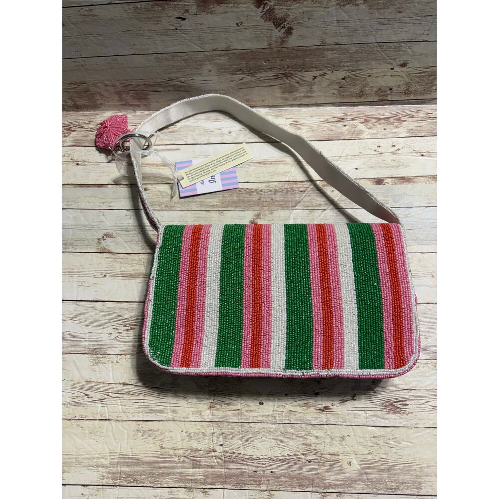 Cosmic Dots Beaded Bag Shoulder Polka Dot Stripes India Pink Green White NWT - Picture 2 of 6